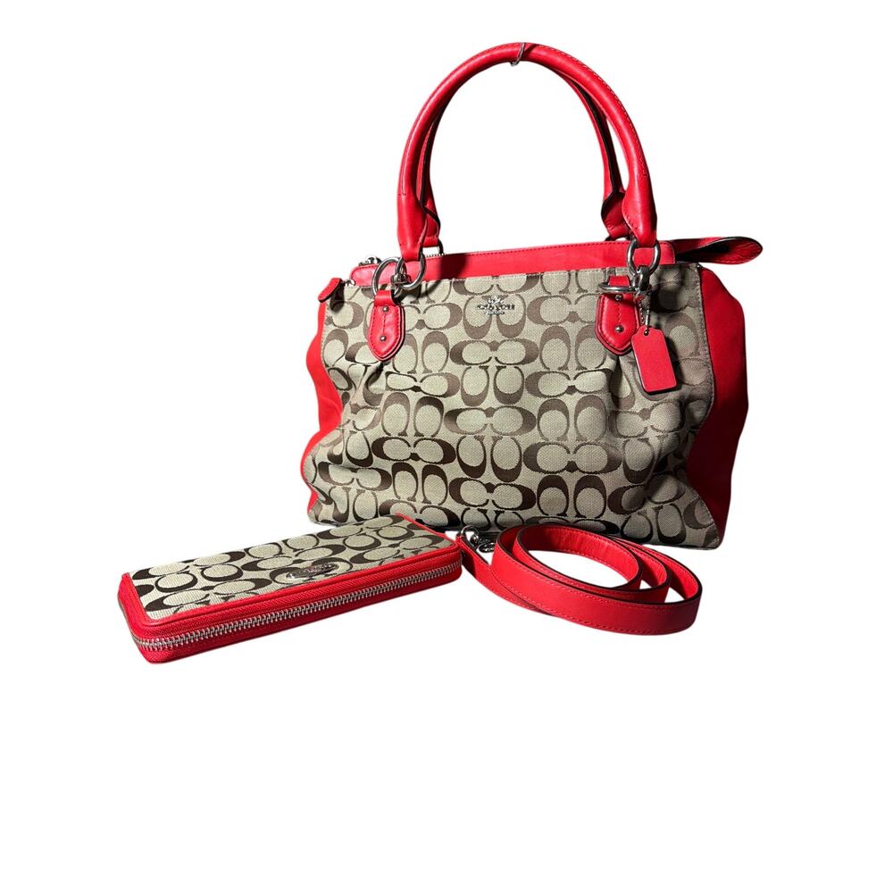 Coach Signature Carryall Satchel + Matching Zip Around Wallet Khaki Cardinal Red